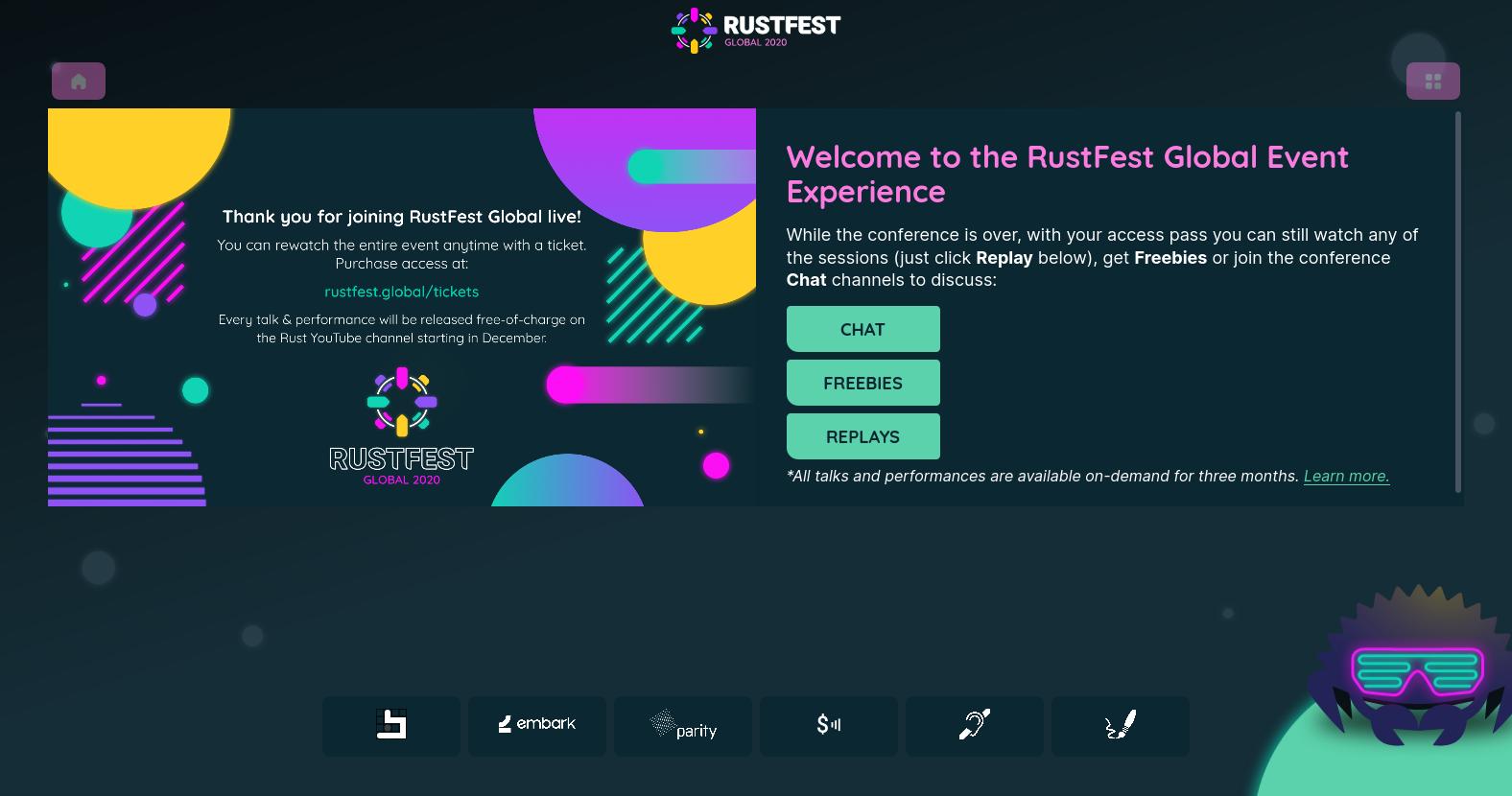 Screenshot of the RustFest Global 2020 live stream experience